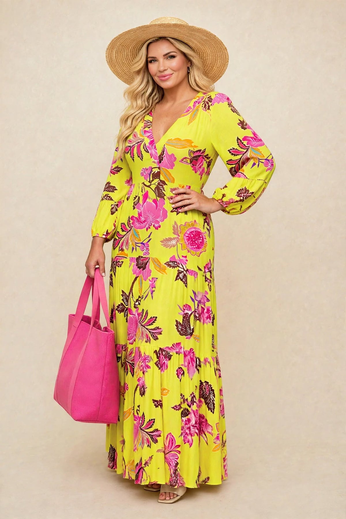 Vestido amarillo con flores rosas [ tela viscosa] talla M/L