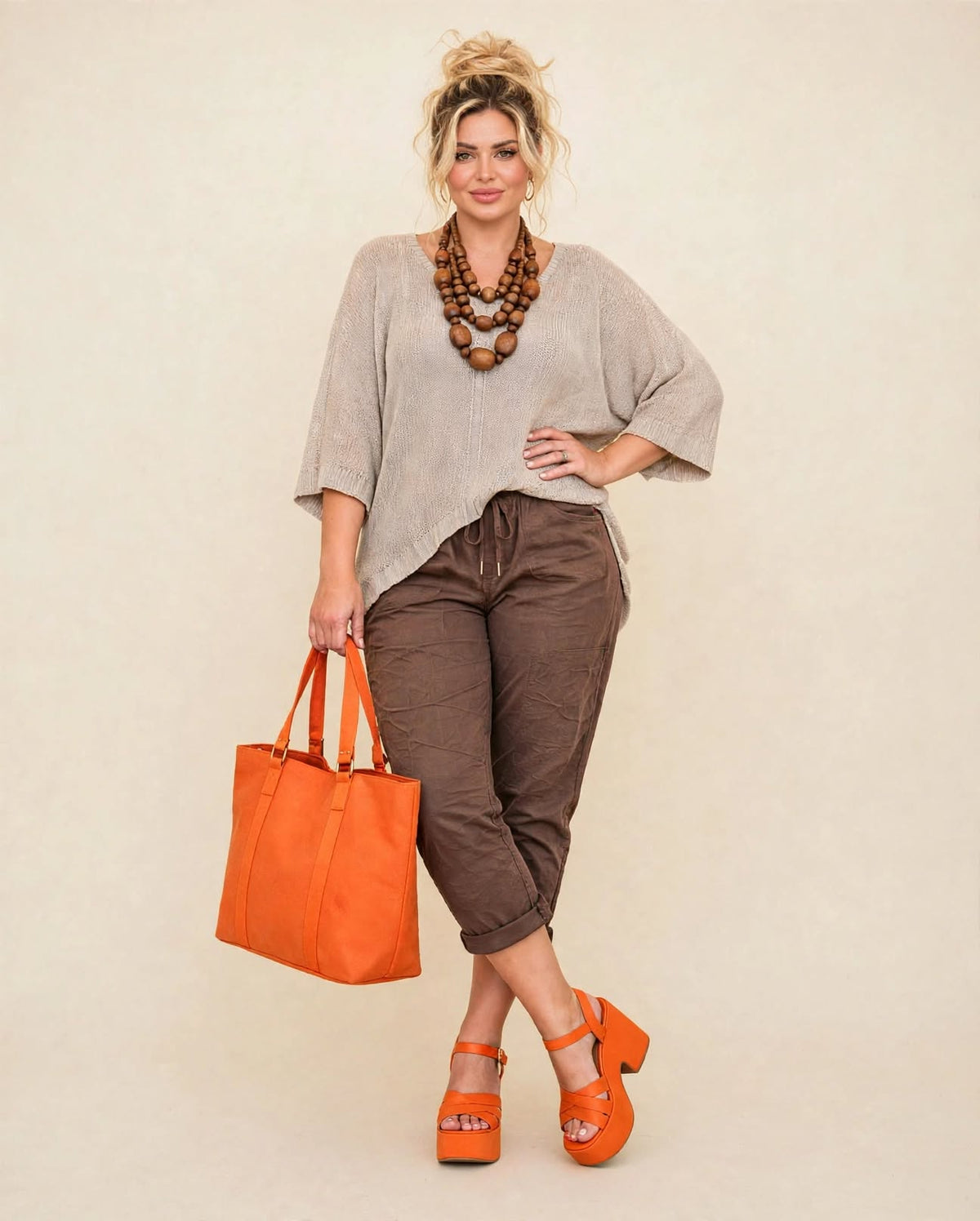 Set blusa malla beige/ pescadora elastizada camel [ talla L/XL]